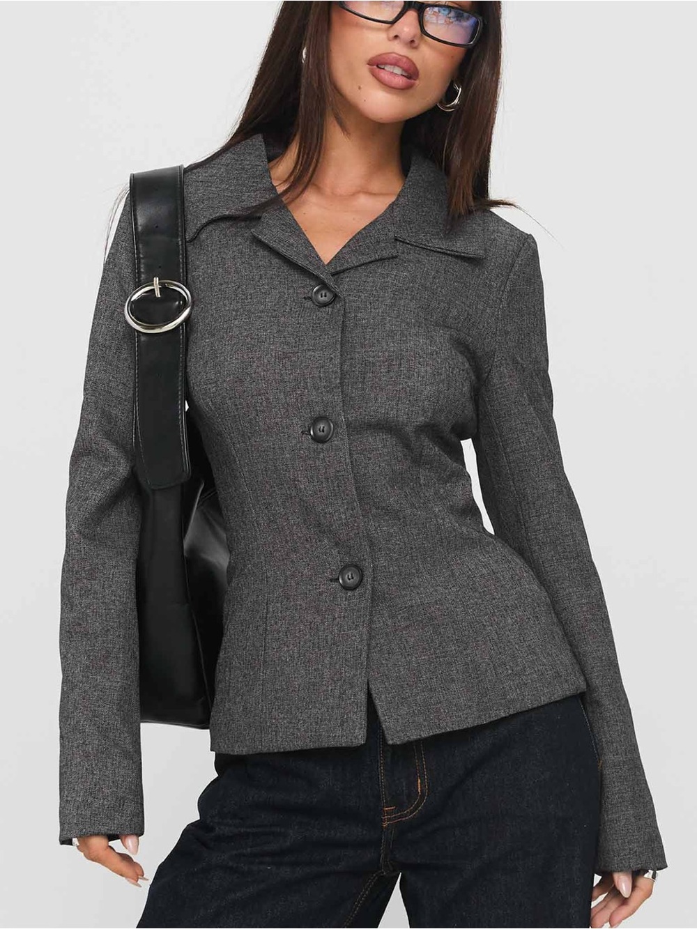 Princess Polly Tweedle Gray Tailored Button-Front Jacket